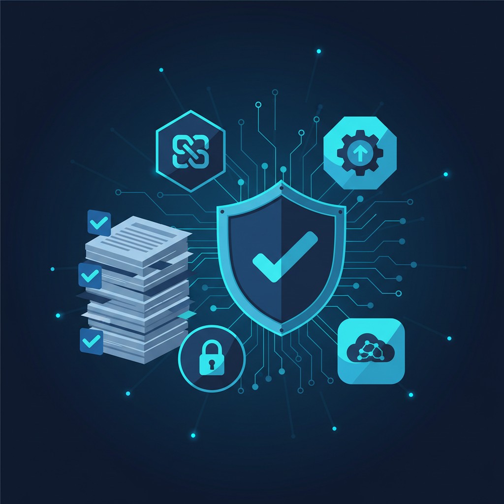 Cybersecurity compliance illustration showing audit documents and shield representing CMMC, HIPAA, PCI, and CCPA frameworks for Orange County businesses