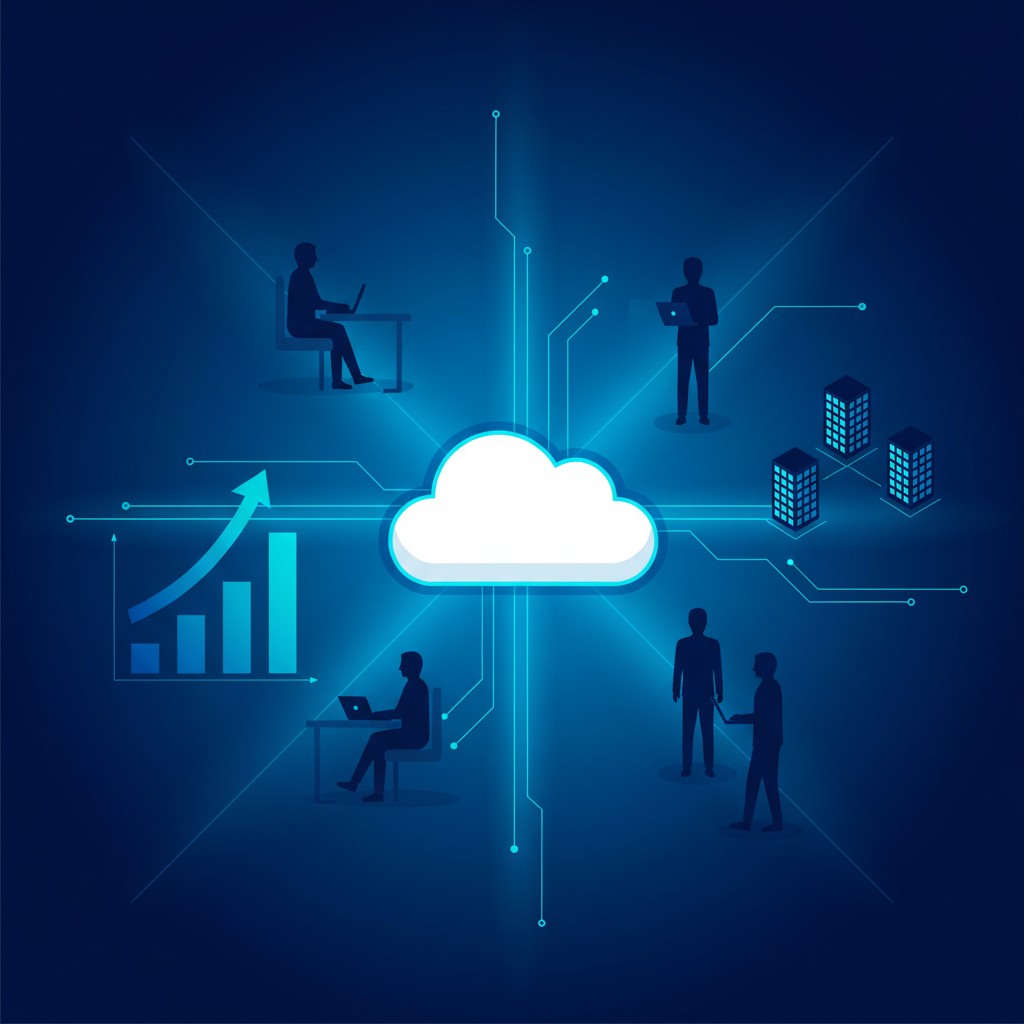 Remote workforce illustration showing employees connected through a secure cloud network