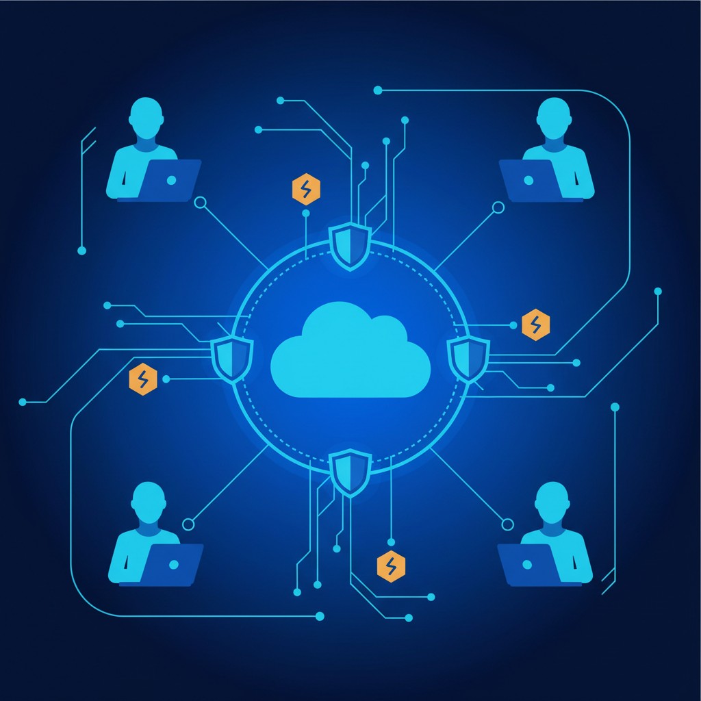Remote workforce and cloud security illustration showing distributed employees and protected connections