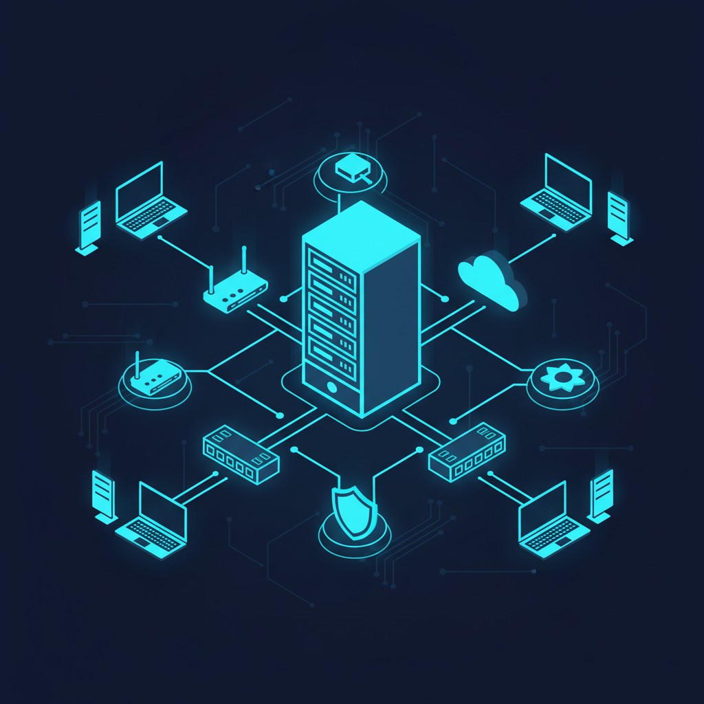 Network infrastructure illustration showing servers, switches, and cloud nodes managed for Orange County businesses