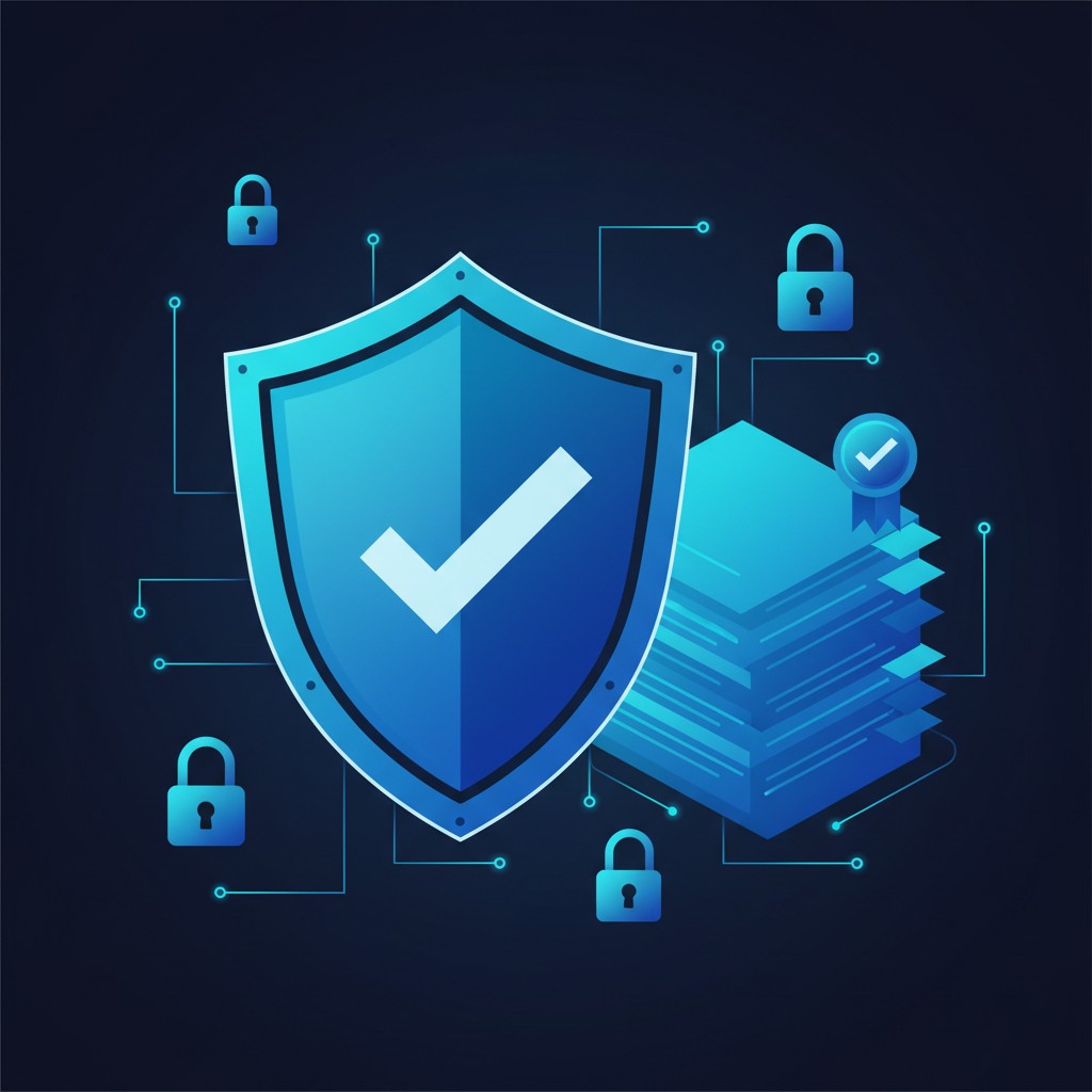 Cybersecurity and compliance illustration showing audit documents and security shield for Orange County businesses.