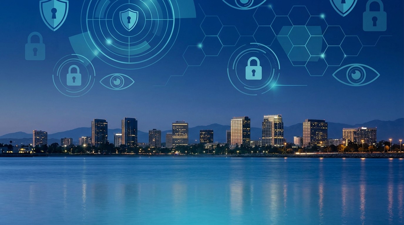 Orange County skyline with digital security overlay representing cybersecurity services for local businesses.