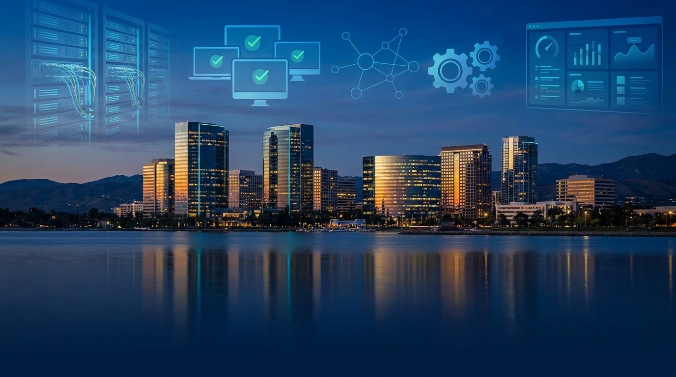 Orange County skyline with digital technology overlay representing managed IT services for local businesses.