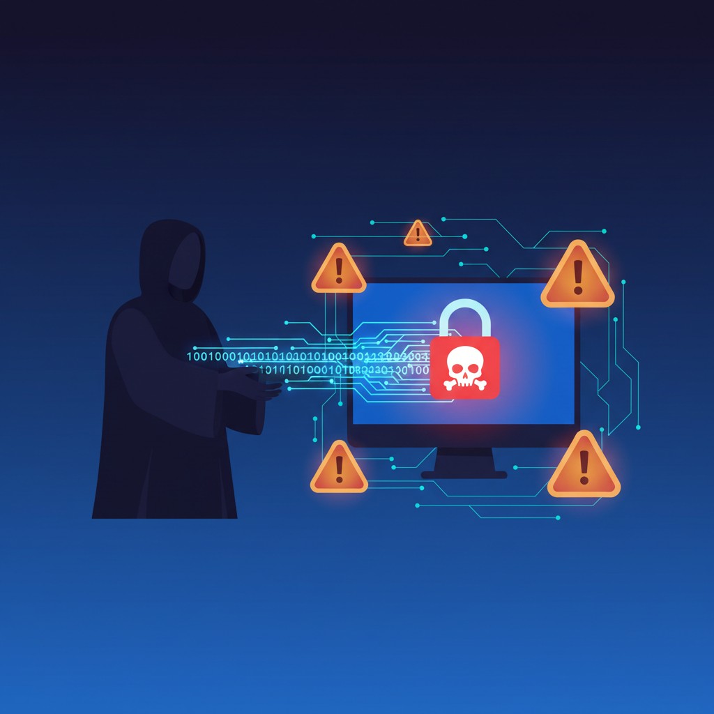 Illustration showing ransomware and cyber attack threats targeting Orange County businesses